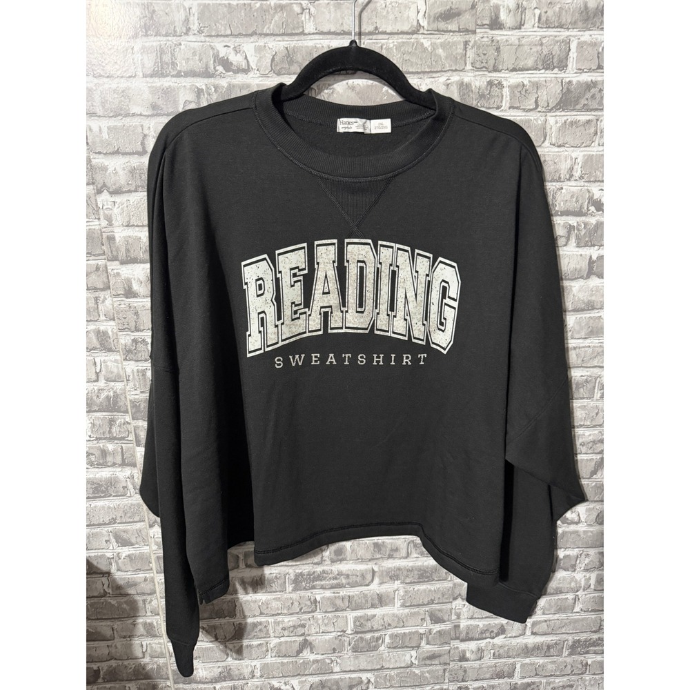 Hanes Originals Womens 2XL Reading Sweatshirt Black Cropped Graphic Pullover